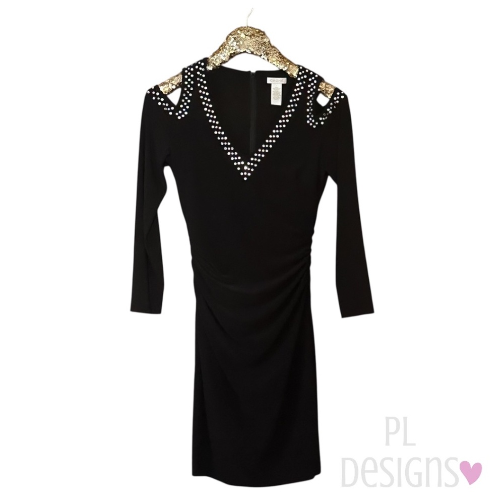 Cache Ruched Embellished Black Dress
